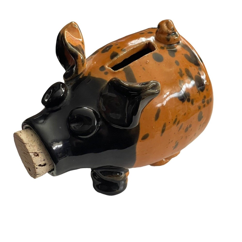Abbott Pottery Pig Glazed Bank Black Orange Cork Plug Handmade Signed 5 1/2”